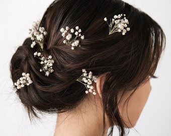 Small Spread-Out Dried Baby's Breath Hair Pins - Style #3 | Dried Gypsophila Baby's Breath Small Pins Set | Bridal Hair Accessories