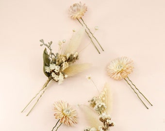 5 Pins Set - Mixed Floral Hair Pins | Dried Blush Pink Strawflowers Lagurus Baby Breath Star Daisy Pin | Flower Bridal Accessories