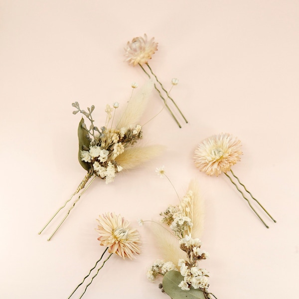 5 Pins Set - Mixed Floral Hair Pins | Dried Blush Pink Strawflowers Lagurus Baby Breath Star Daisy Pin | Flower Bridal Accessories