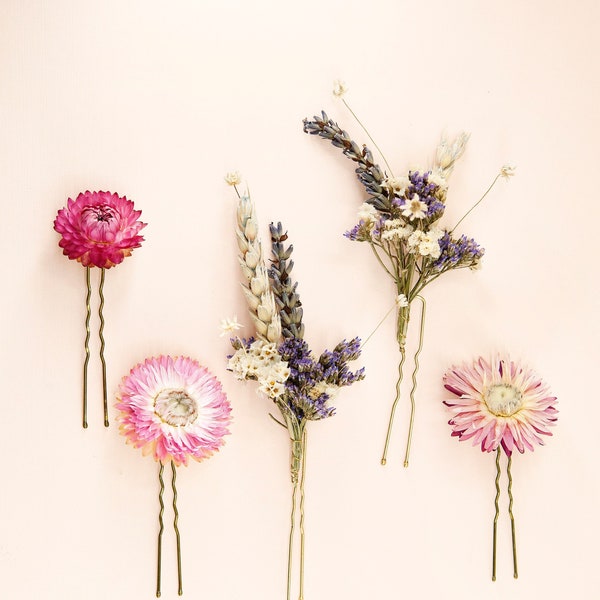 5 Pins Set - Florale Haarnadeln | Getrocknete Rosa Strohblumen Lavendel Stern Daisy Pin | Konservierte Blume Braut Accessoires