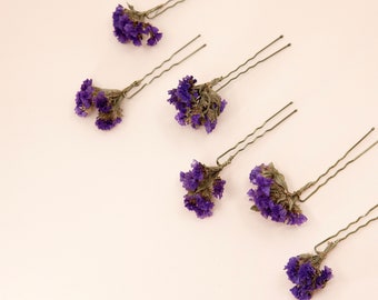 6 Hair Pins of Dried Purple Statice Flower | Dried Statice Bridal Hair Pins | Flower Bridal Flower Girl Bridesmaid Hair Accessories