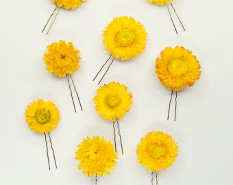 Dried Bright Yellow Strawflowers Hair Pins | Preserved Flower Bridal Accessories