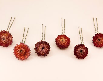 Dark Orange Strawflower Hair Pins | Dried Strawflower Bridal Big Hair Pins | Flower Bridal Flower Girl Bridesmaid Hair Accessories