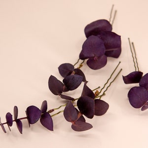 Dark Purple Eucalyptus Leaves Hair Pin | Dried Eucalyptus Leaves Bridal Hair Pins | Bridal Flower Girl Bridesmaid Hair Accessories