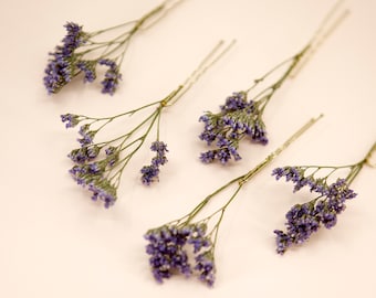 Ensemble de 5 épingles - Épingle à cheveux séchée au limonium violet | Accessoires de mariée en fleurs préservées