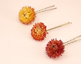 Orange Strawflower Hair Pins | Dried Strawflower Bridal Big Hair Pins | Flower Bridal Flower Girl Bridesmaid Hair Accessories