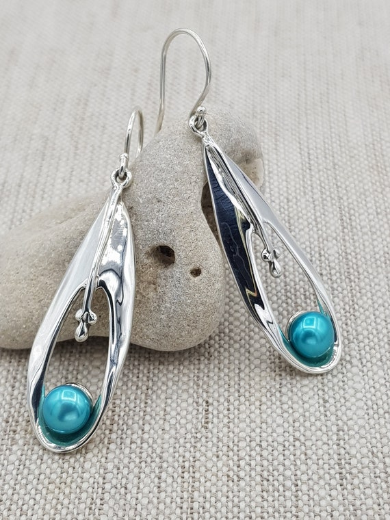 925 Silver Pearl Dangle Earrings for Women Hagit Gorali | Etsy