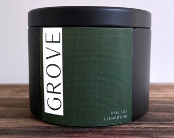 Grove. Cedarwood scented Candle with personality. Design your own label. Personalise for a gift. Vegan, Soy candle