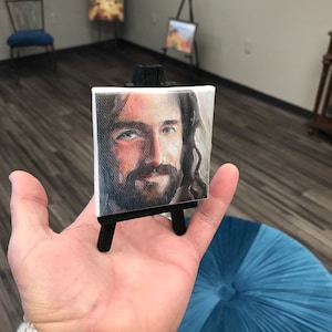 A little Jesus canvas , with a warm smile,  3x3 inch canvas and easel,  Jesus Art, Small gift, Pocket sized Stocking stuffer, made in USA,