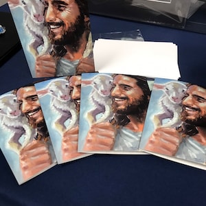 Jesús, el pastor alegre, lleva al cordero. Papelería, buen pastor, juego de 5 tarjetas/impresiones “¡Regocíjate!” de 5 x 7, en blanco por dentro, ¡enmárcalas y consérvalas!