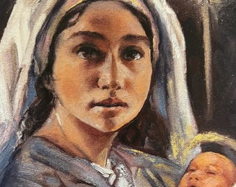 May include: Oil painting of a woman holding a baby, with a star in the background. The woman wears a white head covering and a blue garment. The baby is wrapped in white cloth. The painting has a warm color palette.