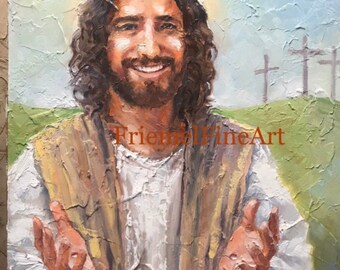 Christian Art, Smiling Jesus, oil original, 16x20 painting, “He Is Risen” by Randy Friemel, Risen Christ painting