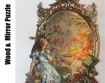 Alice, both sides of the mirror. 360pcs., 25x40cm. Wooden & plexi mirror Jigsaw Puzzle.