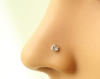 x 1 Sterling Silver 3mm large Zirconia Crystal Claw thin Nose Stud Straight End Bone End L shape 24 Gauge