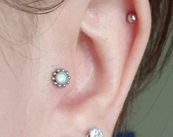 Dainty Opal Flower Earring for Conch or Tragus Piercing, Hypoallergenic Floral Jewelry