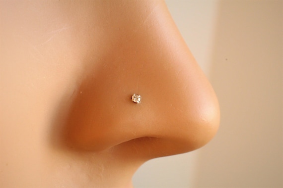 Sterling Silver 18kt Rose Gold Plated 1.5mm Crystal L Shape Nose Ring Stud Sterling Silver 18kt Rose Gold Plated 1.5mm Crystal L Shape Nose Ring Stud