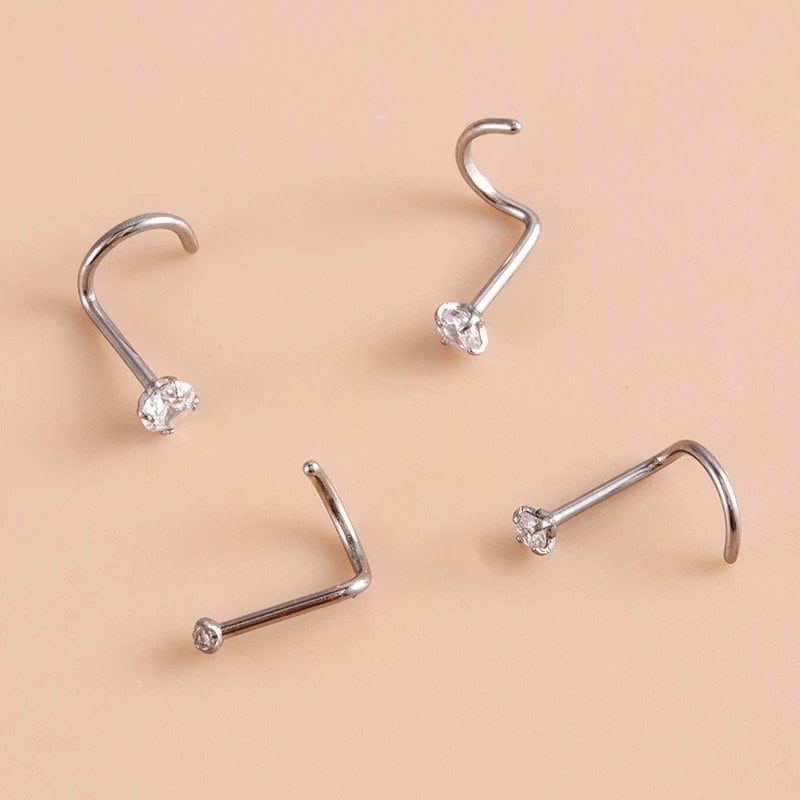 Nose Stud Screw Hook Nose Stud Piercing Jewelry – Screw Hook Curve Bar With 3 Crystals, 20G Stainless Steel Spiral Nose Rings For Women - Foto 4