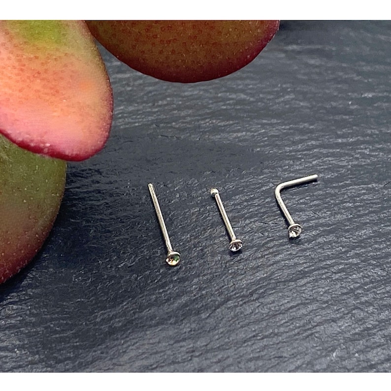 K&ouml;nnte beinhalten: Drei silberfarbene Nasenstecker mit kleinen, klaren, runden Edelsteinen. Zwei der Stecker sind gerade, w&auml;hrend einer im rechten Winkel gebogen ist. Die Schmuckst&uuml;cke sind auf einer dunklen, strukturierten Oberfl&auml;che neben einem Sukkulentenblatt.