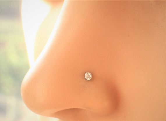 Sterling Silver 18kt Rose Gold Plated 2mm Crystal L Shape Nose Ring Stud Sterling Silver 18kt Rose Gold Plated 2mm Crystal L Shape Nose Ring Stud