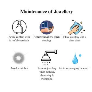 K&ouml;nnte beinhalten: Eine Infografik mit dem Titel Maintenance of Jewellery zeigt sechs Symbole mit Anweisungen: Kontakt mit Chemikalien vermeiden, beim Schlafen ablegen, mit einem Silberputztuch reinigen, Kratzer vermeiden, beim Baden oder Schwimmen ablegen.