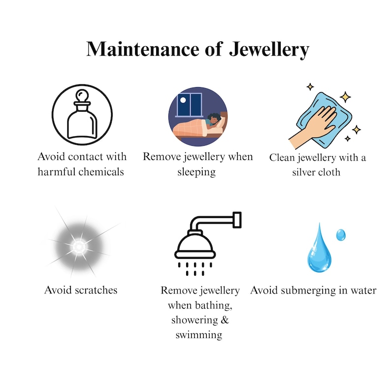K&ouml;nnte beinhalten: Eine Infografik mit dem Titel Maintenance of Jewellery zeigt sechs Symbole mit Anweisungen: Kontakt mit Chemikalien vermeiden, beim Schlafen ablegen, mit einem Silberputztuch reinigen, Kratzer vermeiden, beim Baden oder Schwimmen ablegen.