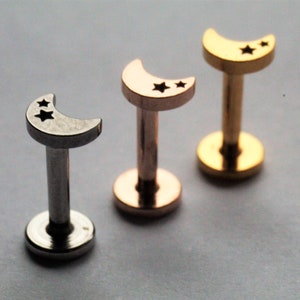 Orecchino labret a stella lunare 16G, con filettatura interna per cartilagine