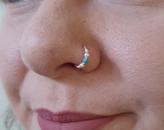 x1 22G Sterling Silver or Gold Twist Coil Turquoise Bead Ball Nose Ring Hoop Internal Width 8mm Cartilage Ear Helix Tragus  Jewellery