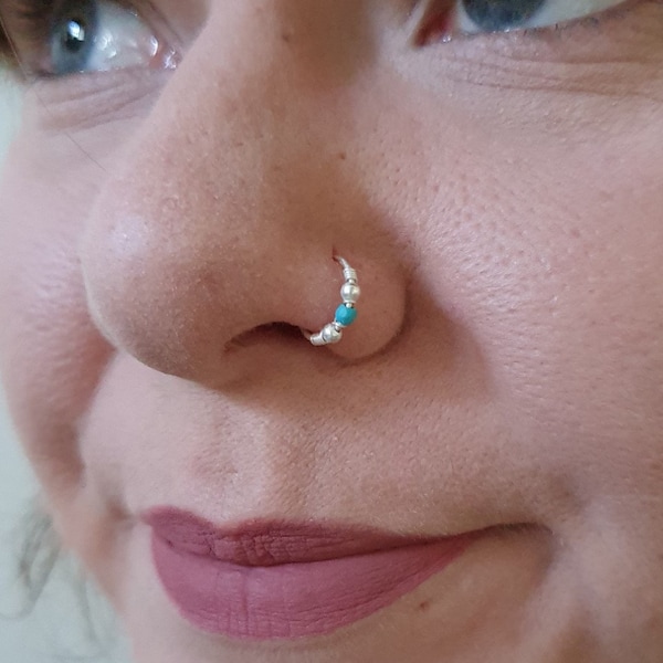 x1 Aro para nariz con bola de turquesa en espiral de plata esterlina o oro de 22 g, ancho interno de 8 mm, para cartílago de la oreja, hélice, trago, joyería