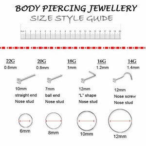 K&ouml;nnte beinhalten: Ein Gr&ouml;&szlig;enleitfaden f&uuml;r K&ouml;rperpiercingschmuck mit einem 20 cm Lineal, einer St&auml;rkenumrechnungstabelle von 22G bis 14G und Abbildungen von Nasensteckern in gerader, Kugel-, L- und Schraubform sowie Ringe in Gr&ouml;&szlig;en von 6mm bis 12mm.