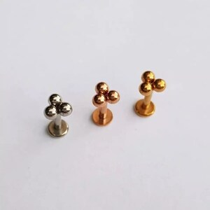 16G Trinity Bead Steel Labret Studs – Internally Threaded Tragus Rings – Pair