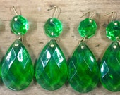 Six (6) VINTAGE GLASS Bright Emerald GREEN Crystal Prism 38mm 1.5 quot Teardrop w 14mm Octagon Jewel Bead Chandelier Lamp Windchime Sconce Craft