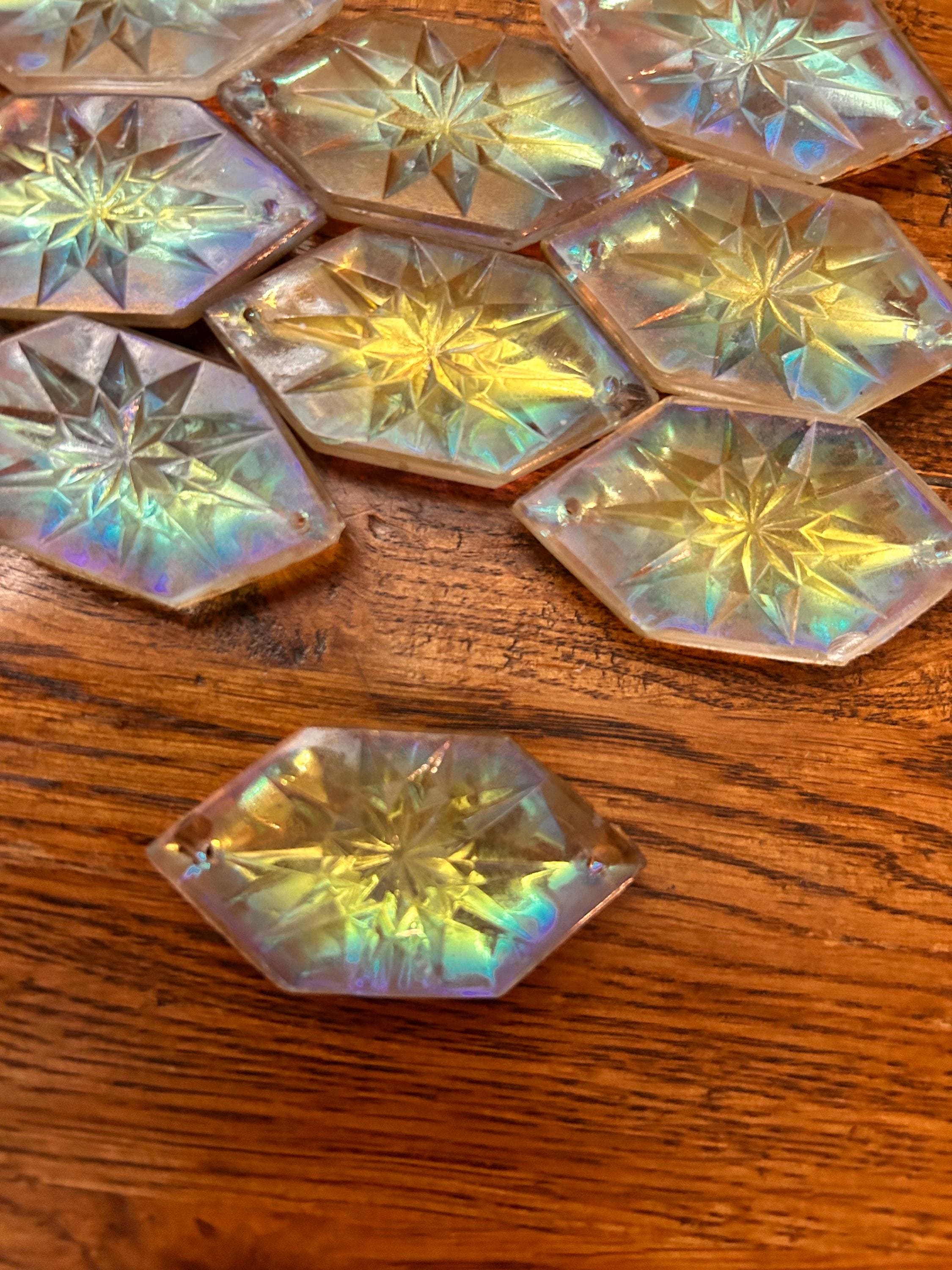 1 somewhat aged RARE Vintage Antique 2” Glass colorful Hexagon AURORA BOREALIS  Connector prism, Chandelier Suncatcher Lamp Art Deco bead