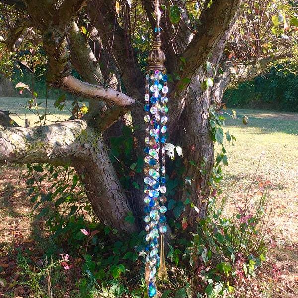 Bohemian-Style Iridescent Champagne Velvet, Teal Blue, Aqua & Aurora Borealis Windchime Suncatcher w CRYSTAL Prisms boho wall art window