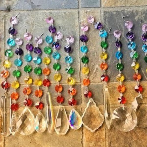 Suncatcher Set: Chakra Rainbow Crystal Vintage Prism, Organza Bag, Suction Cup, SILVERTONE, Colorful Charm Ornament auto mirror window wall