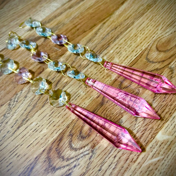 3 PINK ICICLE Spear 2.5” Prisms  with 5 crystal jewel octagon beads, boho wall art decor, 6.5" drop, hang on window wall mirror nursery room