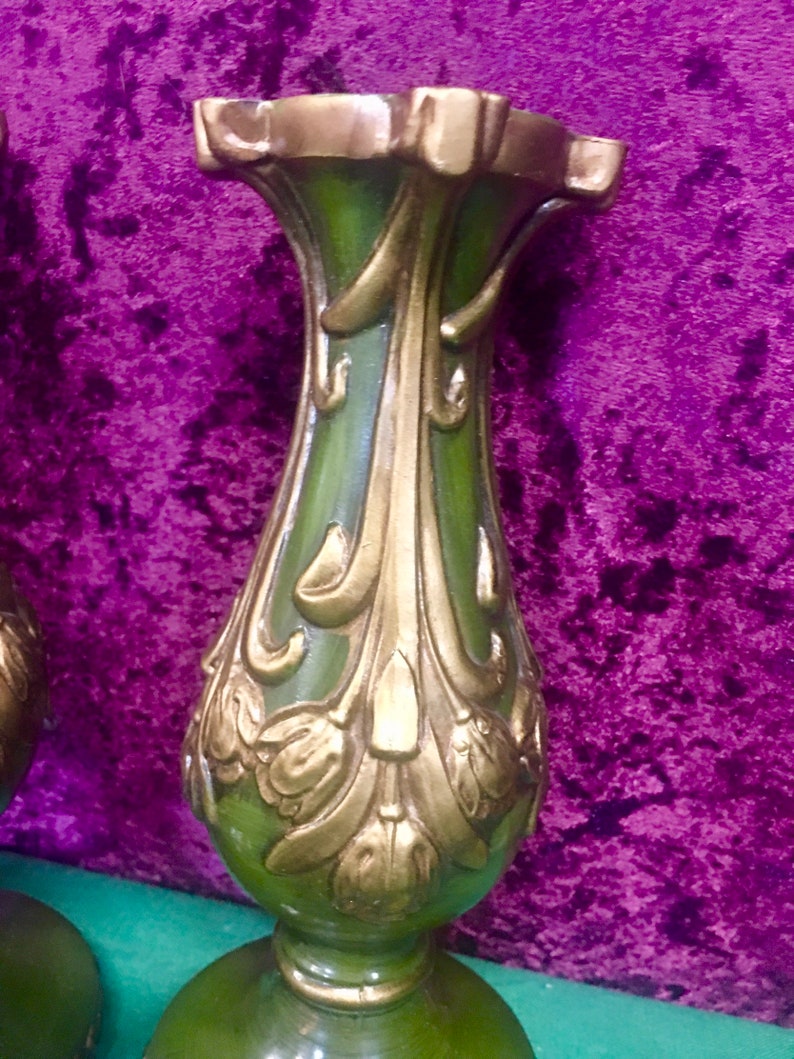 Fabulously Ornate 8 Olive Green and Goldtone Lamp Metal Riser CAPITOL MOULD /& CAST Ny Spacer Neck Stand part repair upcycled regency
