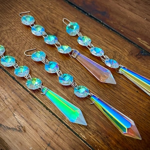 Bling IRIDESCENT 5.5&quot; Aurora Borealis Crystal rainbow suncatcher w 2.25&quot; Spear Udrop iIcicle & 14mm Octagon Jewel Beads Chandelier Crystals