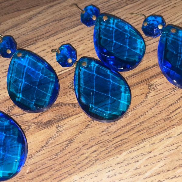 5 Rare COBALT BLUE Swedish-Cut  1.5”  Glass Tear Drops Teardrops Blue Prisms w 3/8" Octagon Jewel Beads, Sconce Wind chimes Chandelier Lamp