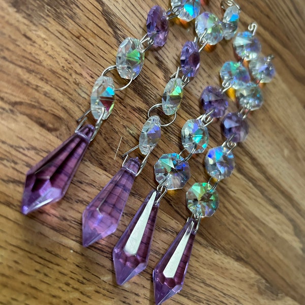 SPARKLY DAZZLERS:  4 Crystal Purple LILAC 1.5" crystal spear w Aurora Borealis crystals jewels beads Suncatcher Chandelier  BoHo Wall  Art