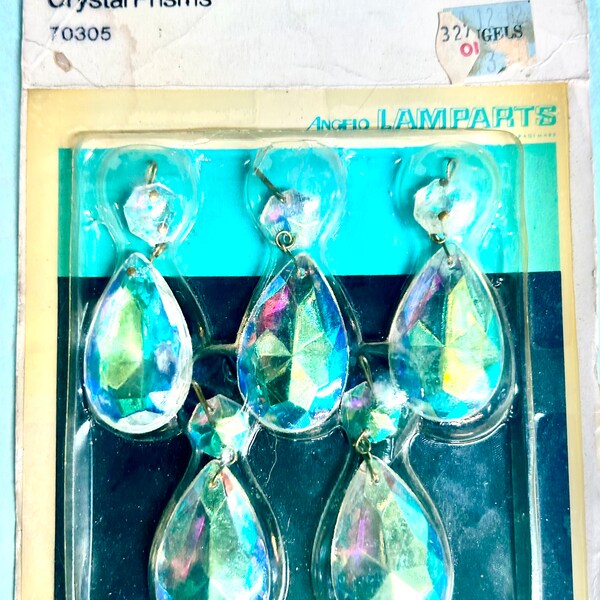 Five (5) NoS Vintage new old ORiGINAL Package 1976 IMPORTeD AURORA BOREALIS Crystal TearDrop w RaRE 1/2" Jewel Bead crystals chandelier Lamp