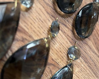 1 pc Vintage Transparent Black Aged SMOKe grey GRAY dark Crystals Glass 2&quot;  Teardrop Prism w 5/8&quot; Octagon Jewel Bead Chandelier Lamp DiY