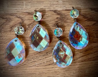 Two (2) Vintage Aurora Borealis Crystal Teardrop Prisms: Chandelier Parts