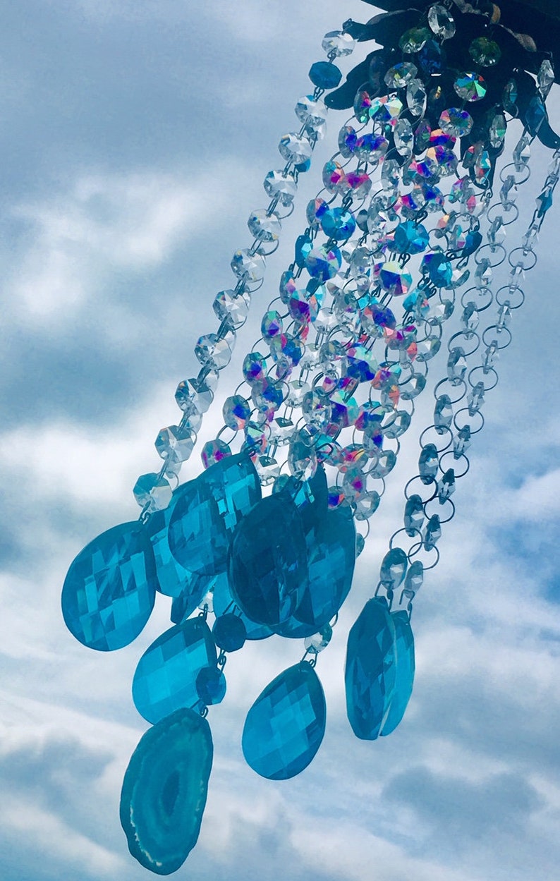 Clear /& AB Iridescent with teal blue Agate CRYSTAL WINDCHIME Suncatcher Aurora Borealis Prisms Chandelier wind chimes chime Deco Teal Aqua