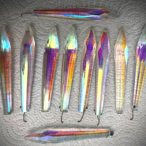 10 Chipped Tips, Vintage Original 3” AURORA Borealis RARE Crystal Spear Lustre drop Deco Prisms Bead Prism Chandelier Lamp Sconce rainbow