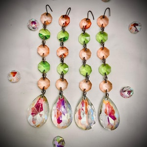 1 Vintage AURORa BOREALIs 1.5&quot; Teardrop w crystal LIME CREAM & Watermelon Jewel Beads Prisms AB Suncatcher Chandelier Cottage Core window