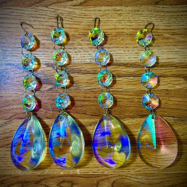 4 Quite Rare “Rainbow BUBBLES” vintage Rounded sides, 2" Iridescent AURORA BoREALIS Teardrop with 4 crystal jewel beads AB Prism Chandelier