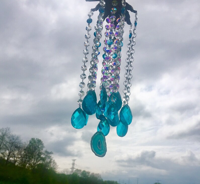 Clear /& AB Iridescent with teal blue Agate CRYSTAL WINDCHIME Suncatcher Aurora Borealis Prisms Chandelier wind chimes chime Deco Teal Aqua