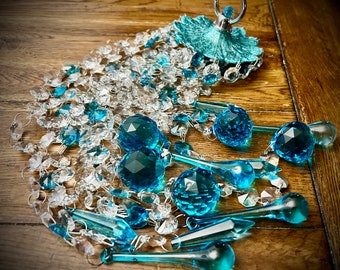 Simply GORGEOUS Aqua Blue & Silver Crystals Pointed Spear Drops w 30mm BiG ball, Windchime Prisms Suncatcher HANDMADE Nursery Gift Wall Art