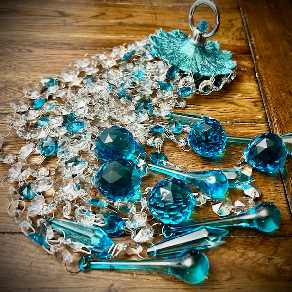 Simply GORGEOUS Aqua Blue & Silver Crystals Pointed Spear Drops w 30mm BiG ball, Windchime Prisms Suncatcher HANDMADE Nursery Gift Wall Art
