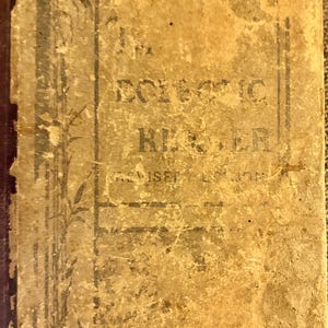 May include: A vintage book with a worn, textured cover. The cover is a faded tan color with dark green text that reads "The Eclectic Reader" and "Revised Edition". Decorative floral elements frame the text. The book's spine is a darker shade of brown.